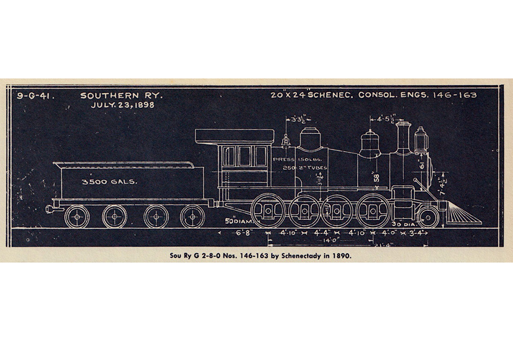 1898 blueprint of a steam engine and its tender.