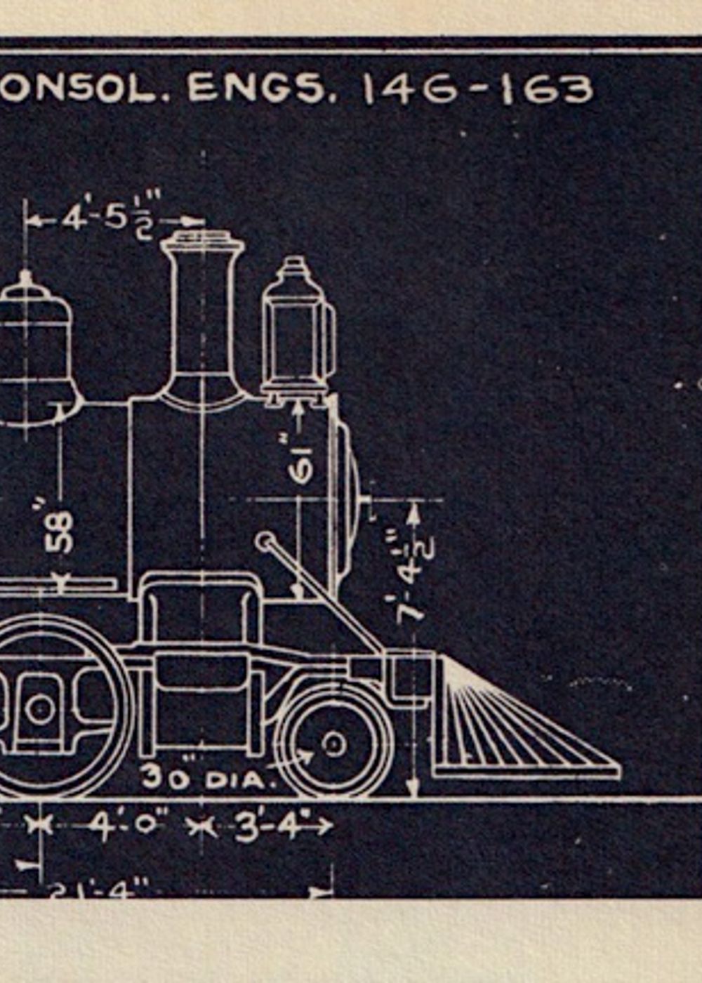 1898 blueprint of a steam engine and its tender.
