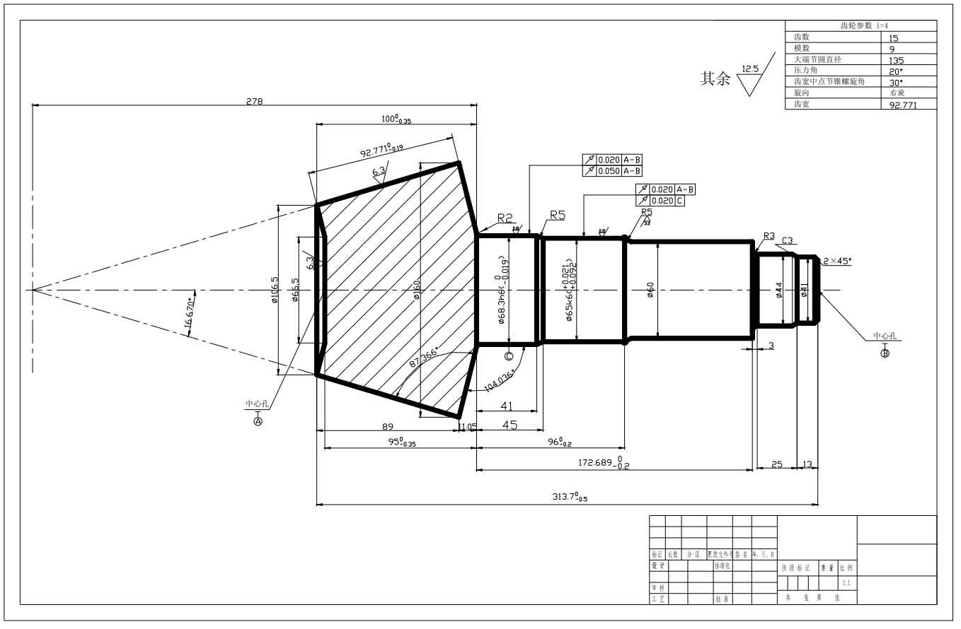 Engineering drawing of a spiral bevel gear with measument and angle measurements.