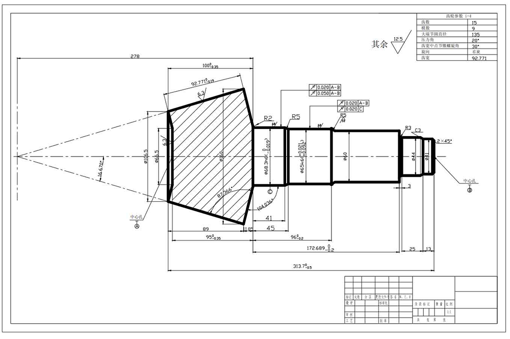 Engineering drawing of a spiral bevel gear with measument and angle measurements.