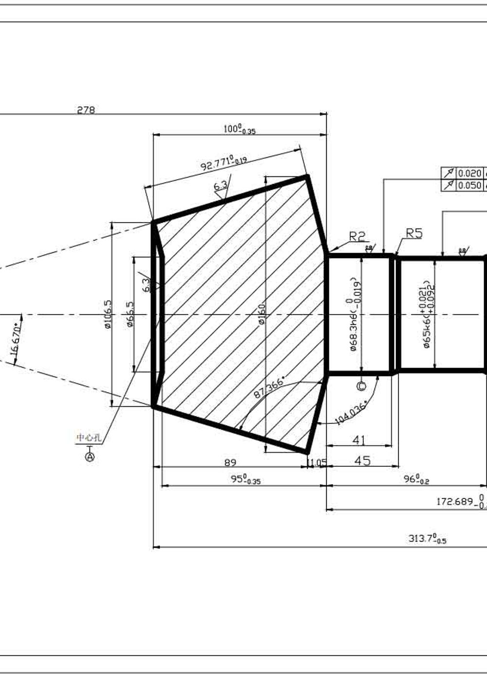 Engineering drawing of a spiral bevel gear with measument and angle measurements.