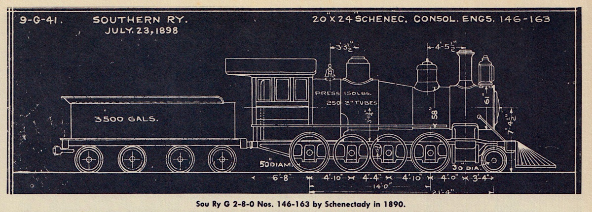 1898 blueprint of a steam engine and its tender.