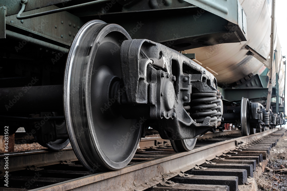 Close up of train wheel.